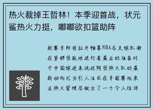 热火裁掉王哲林！本季迎首战，状元鲨热火力挺，嘟嘟欲扣篮助阵