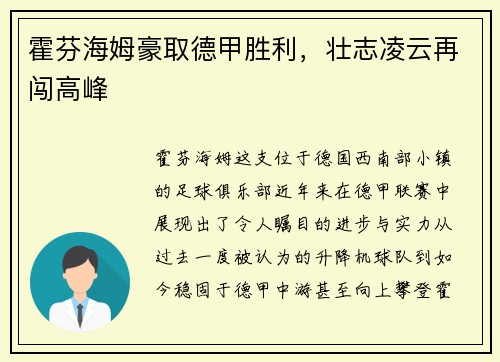 霍芬海姆豪取德甲胜利，壮志凌云再闯高峰
